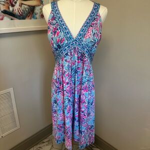 Lilly Pulitzer Blue and Pink Floral V-Neck Midi Dress